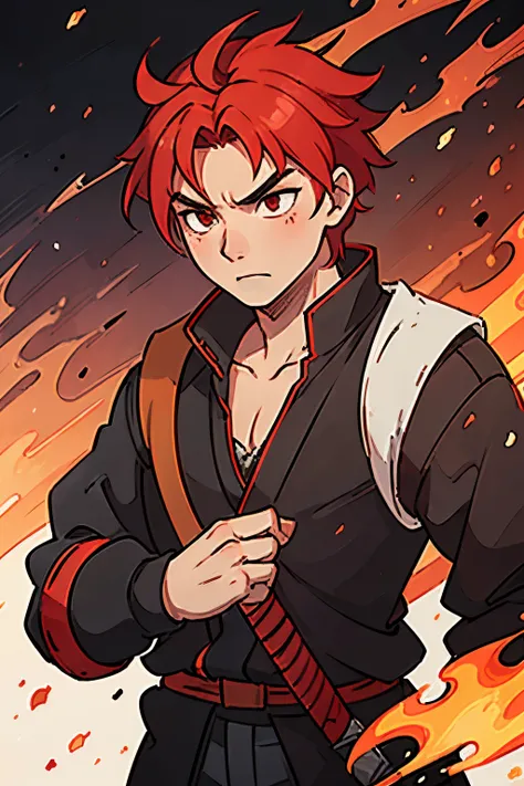 Draw a man,  details with short spiky red hair and red eyes, black and red kimono with fire . A Katana on the back.  coming out of fire from one of your hands . In the background, white and red details . a scar on the face. Serious look. man. masculine. mu...