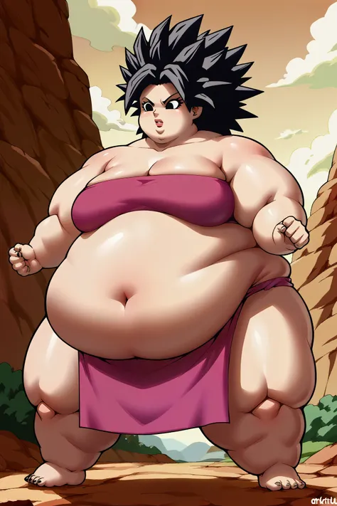 girl becoming a monster, becoming a troll, fat, chubby, obese, fabric clothes, loincloth , 1girl, 1girl, caulifla, spiked hair, ...