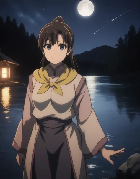 score_9, score_8_up, score_7_up, gsfghtr, multicolored robe, neckerchief, 1girl, bright, best lighting, front lighting, smile, night, moon, lake, shooting stars over a lake