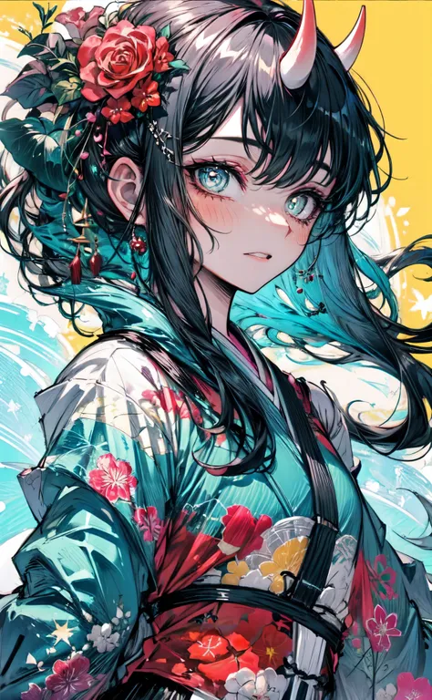 best quality,masterpiece,intricate details:1.2,beautiful face,ukiyoe,1girl,a girl in patterned kimono,look at viewer:1.3,face tattoo:1.2,small oni horn, long hair, blue hair, 1 girl, perfect eyes