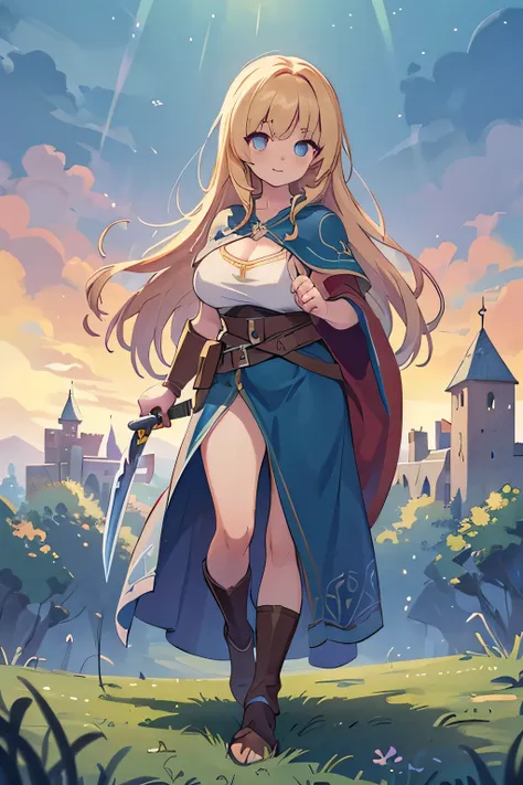 Best quality, high resolution, detailed background, (detailed eyes: 1.2), (Normal number of fingers: 1.4),(Large breasts: 1.3),A brave heroine in a fantasy medieval setting inspired by Dragon Quest, wearing armor with intricate designs, holding a legendary...