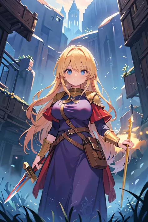 Best quality, high resolution, detailed background, (detailed eyes: 1.2), (Normal number of fingers: 1.4),(Large breasts: 1.3),A brave heroine in a fantasy medieval setting inspired by Dragon Quest, wearing armor with intricate designs, holding a legendary...