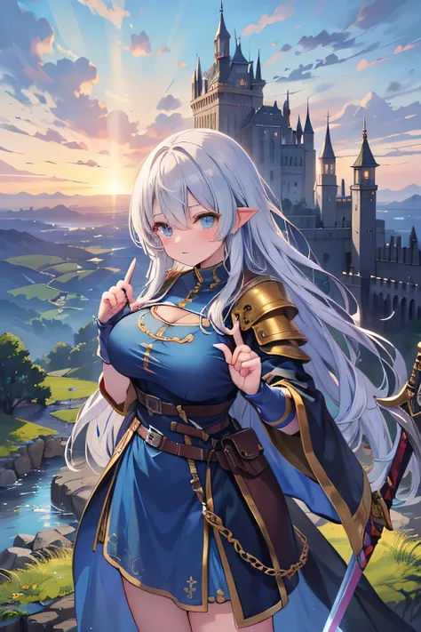 Best quality, high resolution, detailed background, (detailed eyes: 1.2), (Normal number of fingers: 1.4),(Large breasts: 1.3),A brave heroine in a fantasy medieval setting inspired by Dragon Quest, wearing armor with intricate designs, holding a legendary...