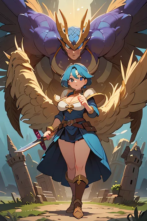 Best quality, high resolution, detailed background, (detailed eyes: 1.2), (Normal number of fingers: 1.4),(Large breasts: 1.3),A brave heroine in a fantasy medieval setting inspired by Dragon Quest, wearing armor with intricate designs, holding a legendary...