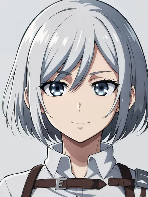 (high-quality, breathtaking),(expressive eyes, perfect face) 1girl, female, solo, portrait, narrow eyes, kind face, neutral expression, cute smile, aot style, portrait, stylized hairstyle, Symmetrical Eyes, silver white hair, light blue eyes, teenager, gre...