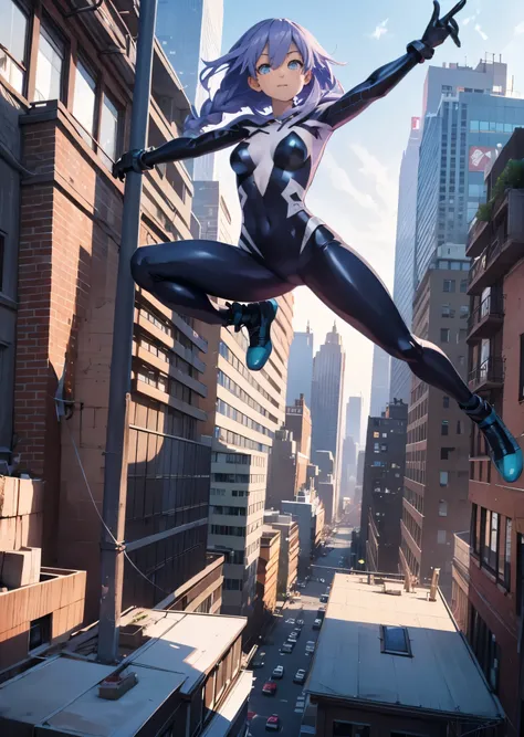 She is on a rooftop with her back ,  a New York cityscape in a very detailed background, Mischievous look image at Backlight ,  anime style, Jumping and hanging from a Spiderman web