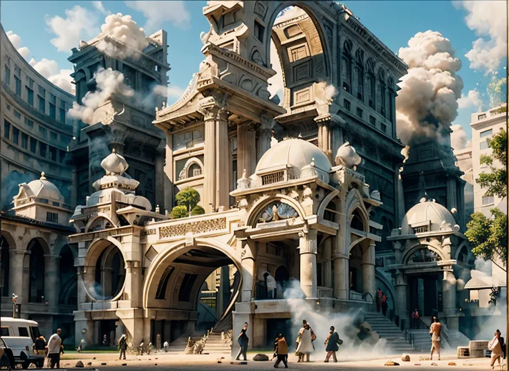 A huge complex architectural ensemble with columns and sculptures is filmed on a hot sunny day, a column of thick white steam rises above the buildings on the left. Ultra-detailing, realistic