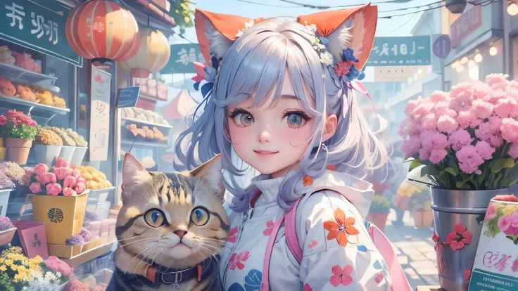 18 years old girl, smiling, and a round-eyed cute cat, Flower market to buy flowers, The décor is blue and white series ,street view.,