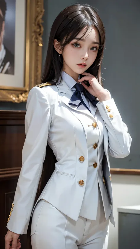 portrait photo with lots of ties,  facial beauty, all white outfit, uniform, military rank insignia,   businesswoman whose cloth...