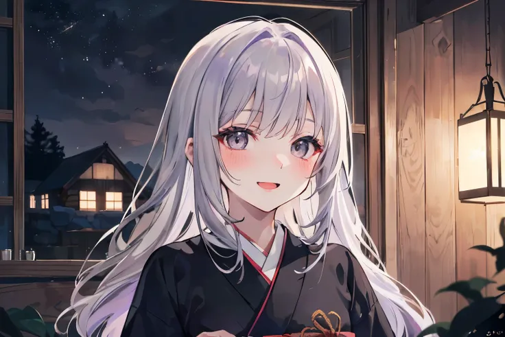 ({{seductive smile}}, blush, open mouth, heavy breathing), (upper body), 1 girl, (gray eyes, ((lavender hair), straight long hair)), (black kimono), Sharp Focus, ((Best Quality)), ((masterpiece)), (detailed), ((facial focus)), ((blurry background, cozy cab...