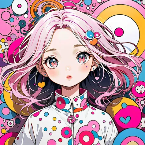 Takashi Murakami Pink and White style, Simple Line Initialism，Abstract art，Urban Background, (((The most beautiful girl of all time))), Sweet face. Lips in love, colorful hearts, stylish design