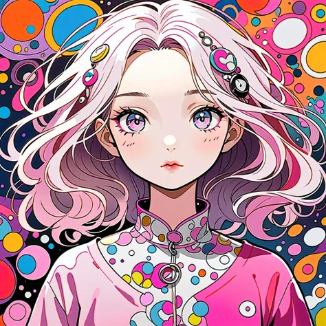 Takashi Murakami Pink and White style, Simple Line Initialism，Abstract art，Urban Background, (((The most beautiful girl of all time))), Sweet face. Lips in love, colorful hearts, stylish design