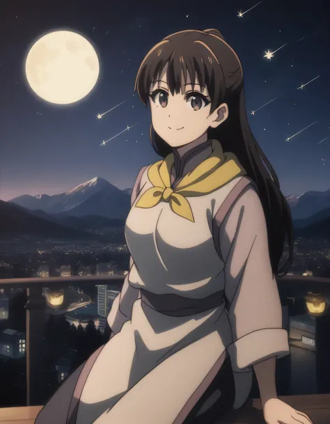 score_9, score_8_up, score_7_up, gsfghtr, multicolored robe, neckerchief, 1girl, bright, best lighting, smile, on top of mountain, city lights at night, moon, shooting stars