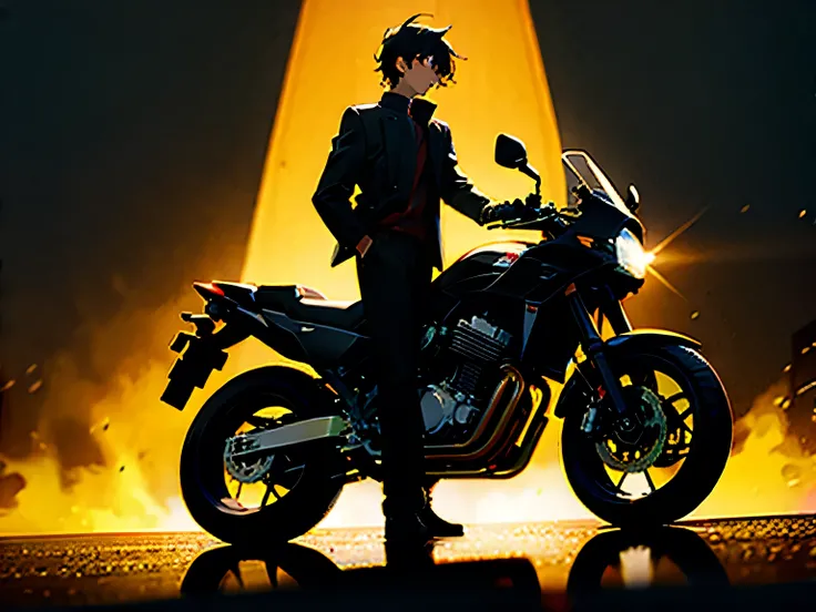 A wise young man standing in front, illuminated by the light of a lamp, against the backdrop of a MOTORCYCLE PART