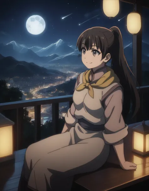 score_9, score_8_up, score_7_up, gsfghtr, multicolored robe, neckerchief, 1girl, bright, best lighting, smile, on top of mountain, city lights at night, moon, shooting stars