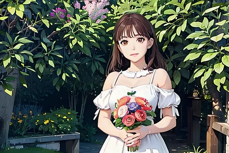 garden, Bouquet toss, In a dress, Jump in and catch bouquets, Ghibli-like colours, textured skin, anatomically correct, masterpiece, UHD