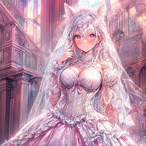 long shot, full-body illustration, full-dress shot, candid portrait, (catgirl, solo:1.5), in love, beautiful gorgeous captivating cute adorable princess, (blushing:1.5), nose blush, (pink eyes:1.5) , (((hyper detail delicate beautiful eyes , big eyes, clea...