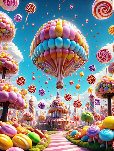 candy, A Kirov blimp made of candy flies through the air, High Contrast, 8k Octane Rendering, high detail, masterpiece, super detailed , Intricate details, Sky,candy组合成飞船