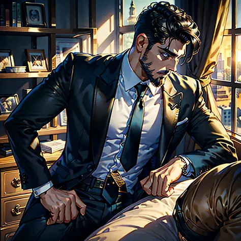 8k，HighestQuali，  High Quality ，masterpiece， Master Illustration ，1 male， Close-up Chest , thick eyebrows， installer with electric drill ， Pure Black Style ， white skin ， Gold Tone Watch，Short black hair，Cheerful laughter. black suit，  Black Long Pants ，Lo...