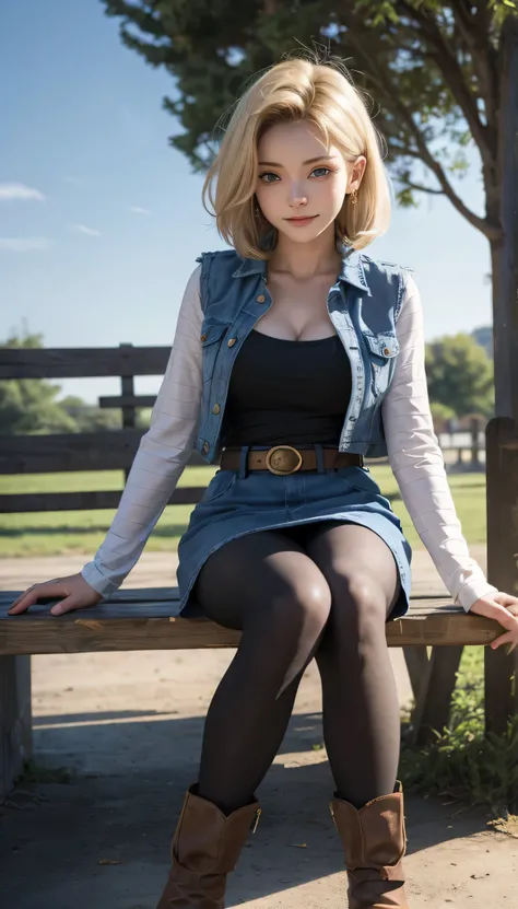 Android 18, Light Blonde hair, Medium Bob hair, Blue eyes, Wearing earrings, Long sleeves, Light blue denim mini skirt, Light blue mini denim vest, Black T-shirt with high cleavage, Big breasts, Belt, Dark brown see-through pantyhose, Western short boots, ...