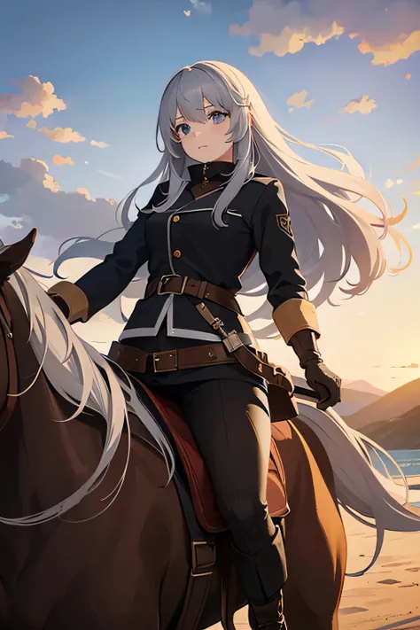 1 girl, gray hair, long hair, horseback riding, wilderness  