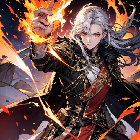 (((( perfect anatomy ,  very detailed skin )))), (( Premium Quality)),  Handsome Man , male、Tall、sexy、성인 male、Sanpaku snow, Muscular、 broad shoulder 、1male people, Very long hair,  orange eyes, Red and black jacket cloak, Flaming black uniform, Wielding a ...