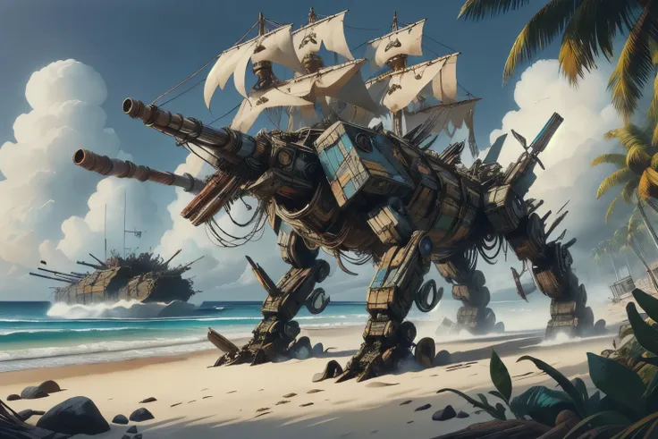 masterpiece, best quality, expressive eyes, absurdres, salvagepirateworld, quadruped, tank battle mecha, on a tropical beach,