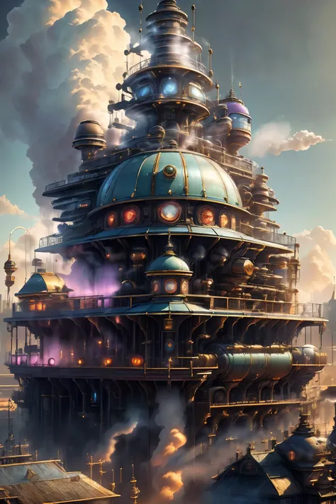 unique world where vaporwave aesthetics blend seamlessly with retrofuturism, wondrous canvas of a victorian mechanical era, stea...