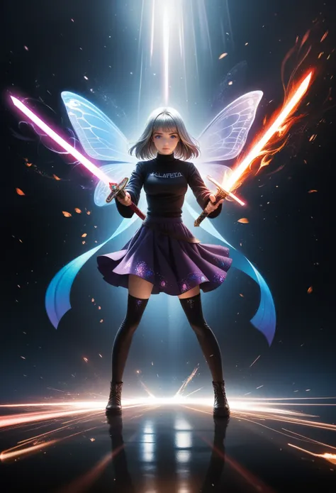 (masterpiece,  best quality:1.2,UHD,High Resolution),colorful,  1 girl, Gray Hair,  purple eyes,  dual weeding that destroys reality , sword,  sword, blue flame, Shine, Shine weapon,  light particles , wallpaper,  chromatic avalations ,  too much exposed s...