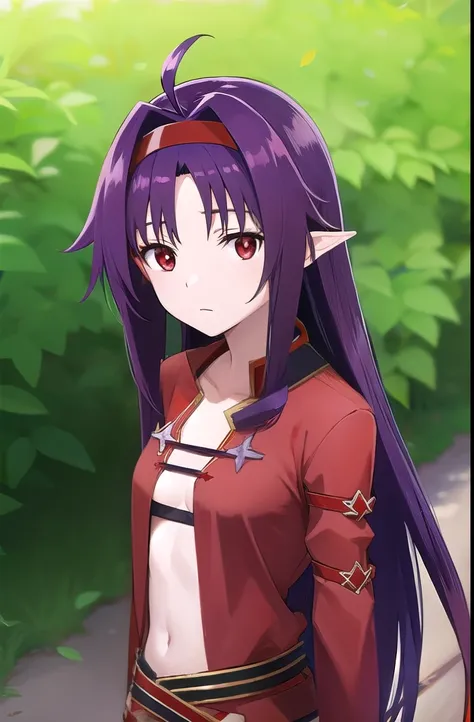 yuukikonno, Konno Yuuki, hairband, long hair, Pointed ears, purple hair, ( red eyes :1.5), open shirt showing breasts