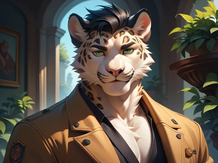 ( alone),(( best quality)), ((masterpiece)), ( detailed),Half Body, male anthropomorphic leopard,  white fur , White skin, white fur , short black hair , Green Eyes,Calm, mature, black casual trench coat,  MUSCLE ,