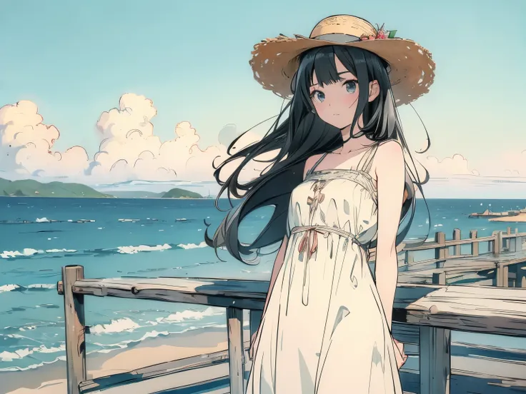 (masterpiece,Best Quality,8k,Super detailed:1.3), (Landscape Photography:1.5),Tall girl standing on the beach ,( extremely long shot :1.6), perfect face,Perfect Eyes,Anime Style,Black Hair, white dress,Straw hat,(((Vision,Vast views, horizon ))),Gentle Bre...