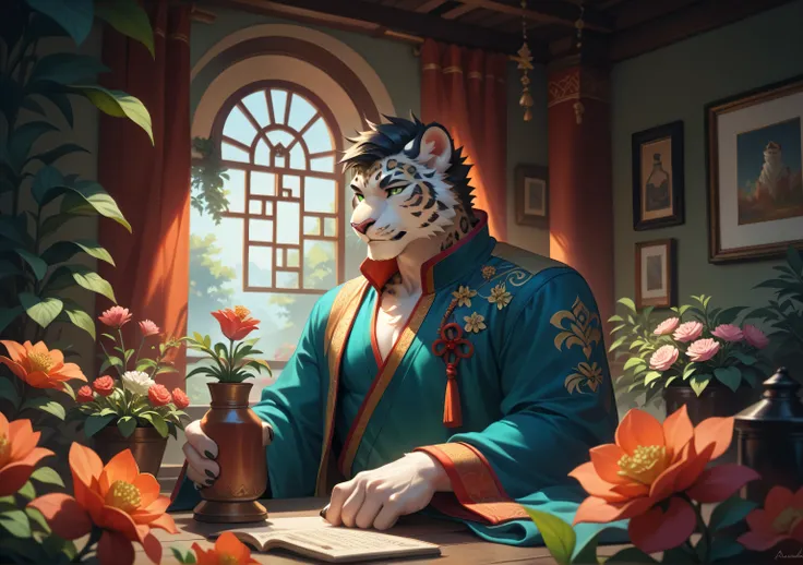 ( alone),(( best quality)), ((masterpiece)), ( detailed), male anthropomorphic leopard,  white fur , White skin, white fur , short black hair , Green Eyes,Calm, mature, Chinese black costume, MUSCLE ,window,Flowers