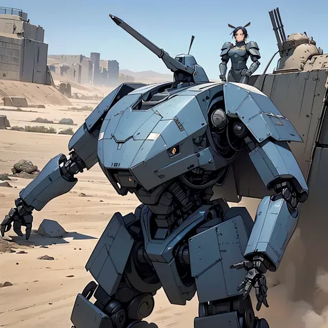 nsfw, very wide shot, anime screencap, 16k, perfect anatomy proportion body,  action,  dynamic composition with a sense of speed and dynamism , (open cockpit, Ride a large, heavily armored military bipedal robot:1.6), wife, 40age, perfect beautiful delicat...