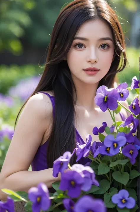 purple close ，Adorable Violets ，Women&#39;s photos， ( photorealistic: 1.4), (ultra realistic: 1.4), (Realistic: 1.3), (Sleek lighting: 1.05)( Improve Film Lighting Quality : 0.9),  Gentle, Beautiful, and Attractive Women , Sensual and Feminine Poses , Eleg...