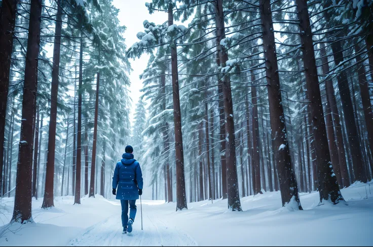 Beautiful Japanese man walking in snowy forest,One man,Detailed face,Detailed eyes,Detailed lips,Long eyelashes,Blue winter jacket and pants,Walking in snowy forest with trees,Detailed snow covering the ground,(Best Quality,8K,High Resolution,Masterpiece:1...