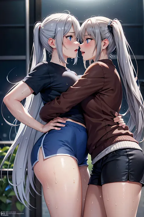  adult woman laughing, 2 women kissing,The two of them are staring at each other, puts hands inside skirt, sexy,8K resolution,((Best Quality)), super high definition, (sad and sad face ), ( blue eyes),  Beautiful Symmetrical Face , ( silvery long hair),( b...