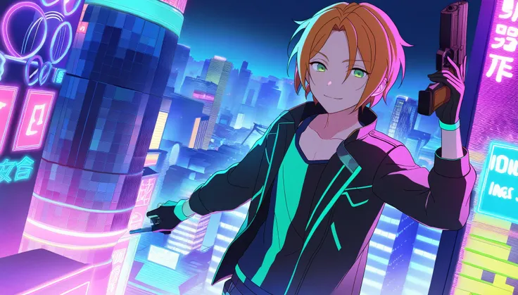 1boy, aoi yuta, ensemble stars!, orange short hair, green eyes, tank top, black jacket, solo, standing, city street, cyberpunk, neon light, gun in hand, night, detailed background, masterpiece, best quality, illustration, 4k, 8k, highres, very detailed 3d ...