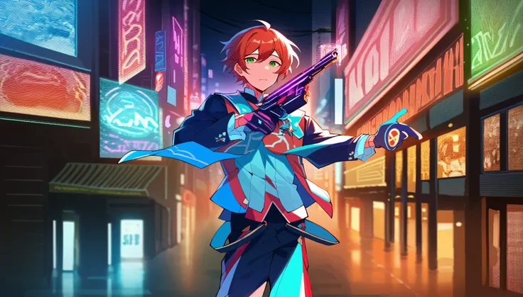 masterpiece, best quality, illustration, 4k, 8k, highres, very detailed 3d cg rendering, ultra-detailed, sharp focus, vivid colors, very aesthetic, absurdres, 1boy, aoi yuta, ensemble stars!, orange short hair, green eyes, solo, standing, city street, cybe...