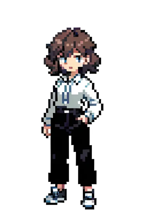 pixel art of a woman, full length, short copper hair, curly floppy haircut, black wide trousers, white blouse, converse, white background