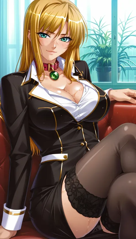 score_9,score_8_up,score_7_up,ultra detailed,absolutely resolution, 32k,masterpiece,best quality,ultra HD quality,detailed beautiful face and eyes, Kagami Hirotaka, beautiful girl,blonde hair,medium hair,Smile,collar,wet between legs,Black Business suit,ti...