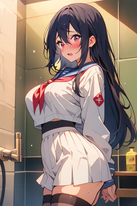 nsfw:1.3, girl greeting viewer on the way to school, 
(curvy, large breasts, tented shirt), (Sticky Sailor uniform, showgirl skirt), (1girl, nakano azusa, K-On!), beautiful detailed eyes, red eyes,(cute eyes), black thigh highs, arms behind back, (Carving ...