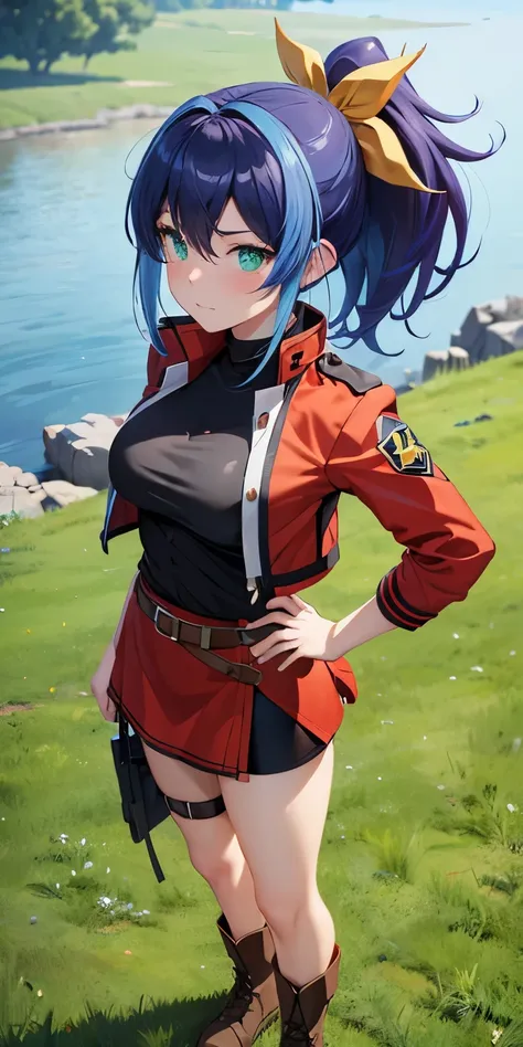 1 Female,High definition,high resolution,Ultra-realistic,8K, aaserena, ponytail,(multicolored hair),green eyes,black shirt,jacket,belt,red skirt,(shorts under skirt), tight skirt, miniskirt,medium breasts, brown boots,European,sexy,Upper body close-up,Phot...