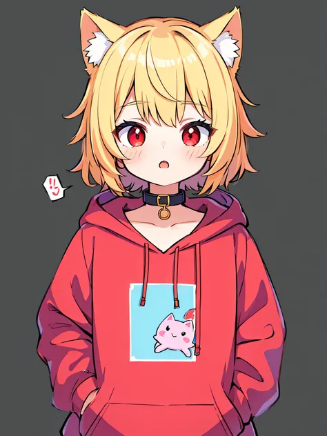  one girl playing pranks,Blonde,Red eyes,Golden cat ears,Best Quality,Character portrait, illustration style,Purple hoodie, Hi-Res, simple background, character design drawing, Short Hair,whole body,Black collar, open your mouth 