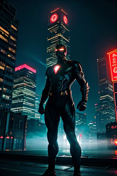 “A powerful superhero in a sleek, high-tech suit of midnight blue and charcoal gray armor stands atop a towering skyscraper, overlooking a gritty, neon-lit city skyline. The hero’s stance is confident and imposing, with a hint of ominous energy radiating f...