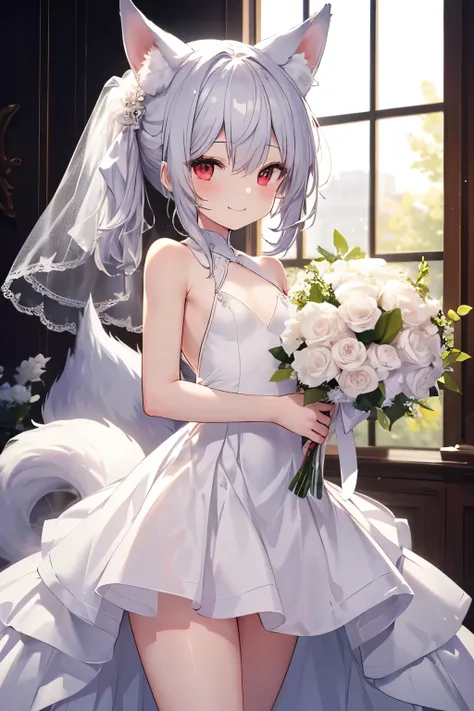   silver hair、 red eyes、  fox ears、  girl、   small breasts、  ponytails、  girl、  small breasts、Bright smile、Good physique 、Flat-chested       girl、   hes short、  Wedding Dress 、bouquet、fluffy tail  、 sexy thighs、There are highlights in the eyes