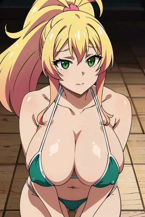 huge , Yukana Yame,  long hair, bang,  blond hair,  volosy mezhda gazami, ( green eyes :1.5),  ponytail , Bikini,  multicolored hair , scrunchie, high  ponytail , pomade, improve, Kogal,  compose,  jewelry , bracelet, Huge tits, Massive breasts, perfect bo...