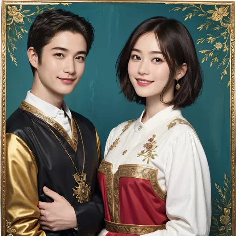 320 (  20-year-old female,    20-year-old male   ), (    super real ), (   High image quality), (    short hair), (smile), ((    gorgeous costume    )), ((Gorgeous painting))