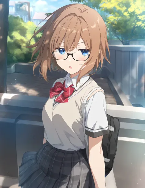 1girl, little female, school uniform, short hair, beautiful breasts, glasses, jitome, open mouth, outdoors,wind, game CG break,((artist:shida_kazuhiro)),(artist:mitsumi_misato),(artist:fujiyama),,(masterpiece), (best quality), (ultra-detailed), very aesthe...