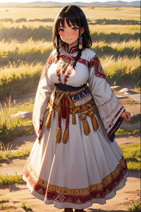 (High quality, High resolution, Fine details), traditional native american clothing, beautiful intricate patterns on clothing, standing in a prairie landscape, solo, curvy adult women, black hair, sparkling eyes, (Detailed eyes:1.2), smile, blush, Sweat, O...